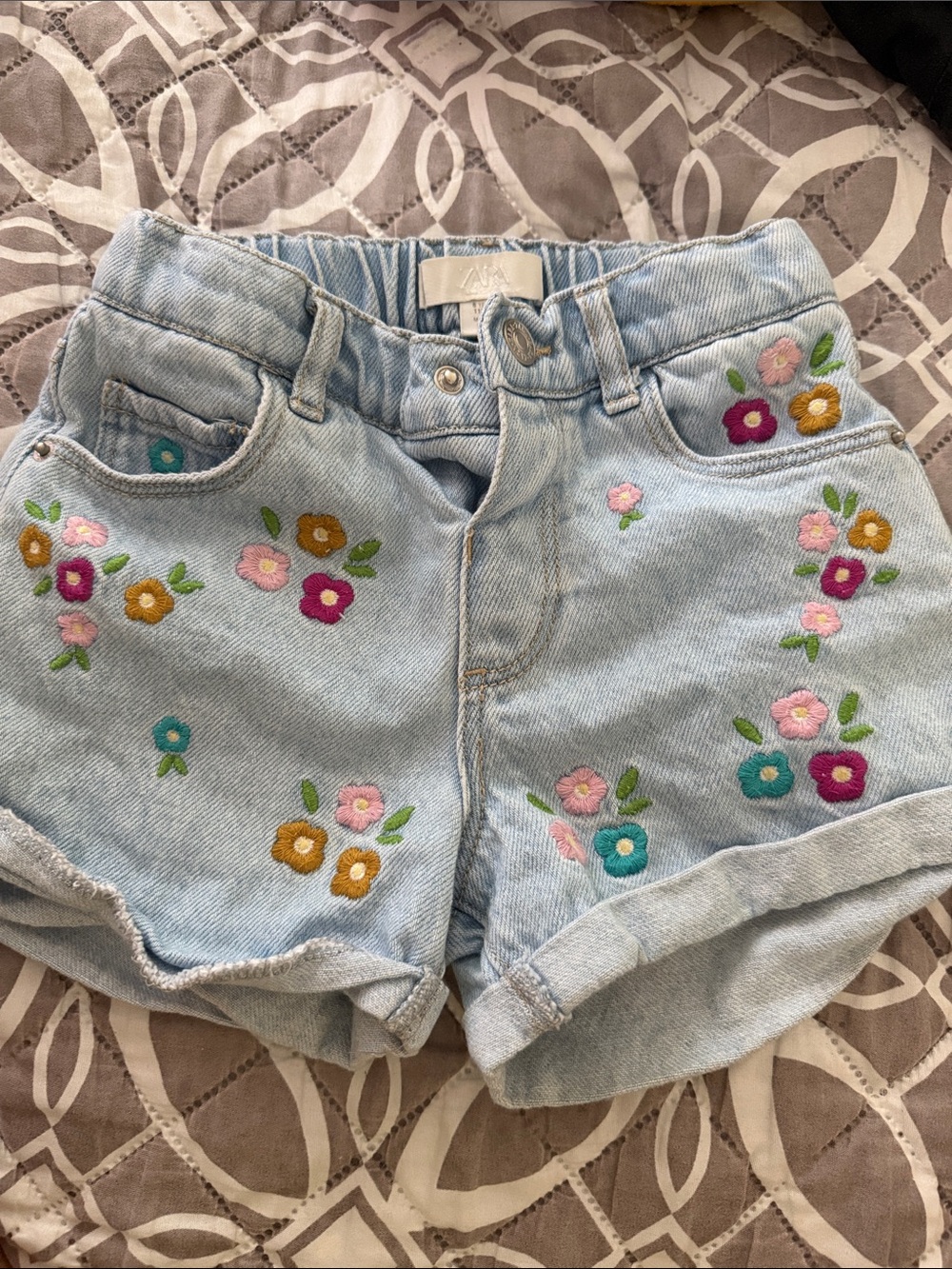 Zara Embroidered Light Blue Denim Jean Shorts with Floral Accents